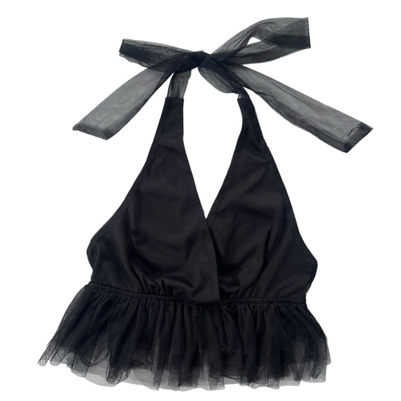 LE LIS Collection Women’s Size Medium, Black Tulle Ruffle Halter Peplum Crop Top - Picture 1 of 16
